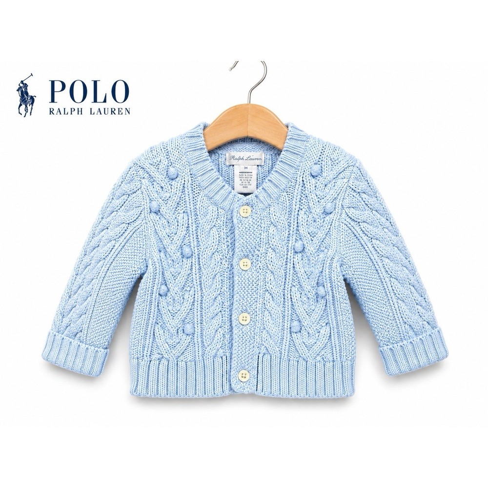 Ralph Lauren Baby Blue Cable Knit Cardigan Sweater 3M Infant Cotton Buttons